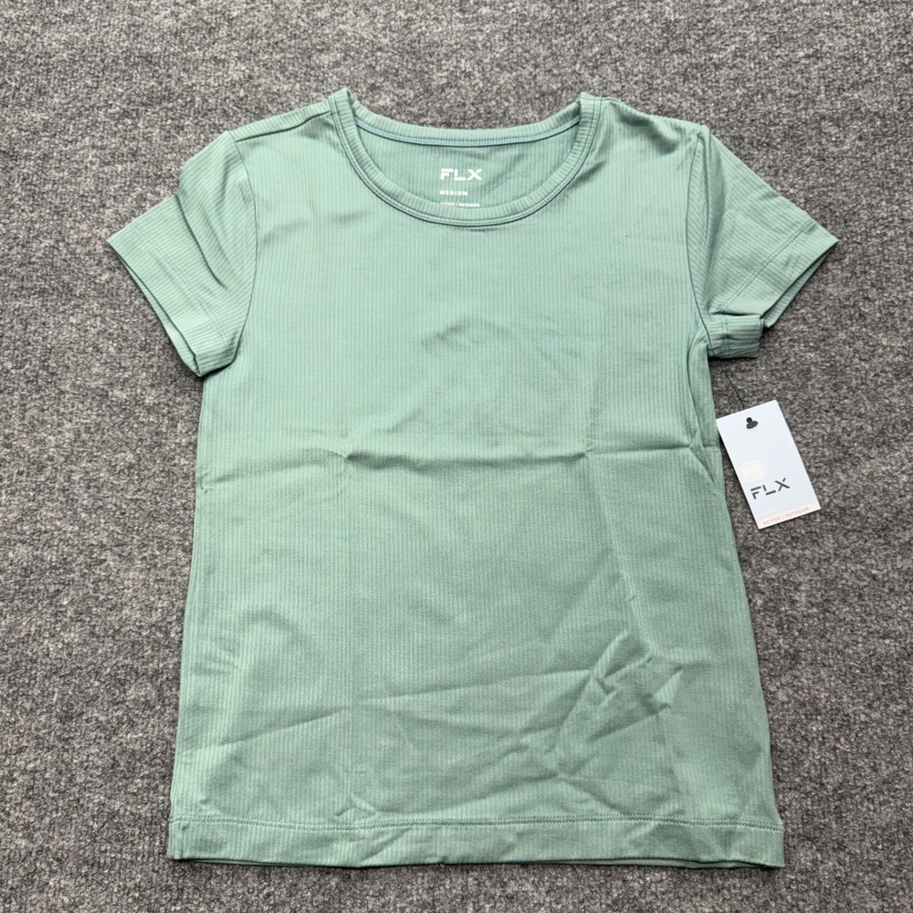 FLX Women Moonandsea Green Ribbed Short Sleeve Active Outdoor Top Medium NWT